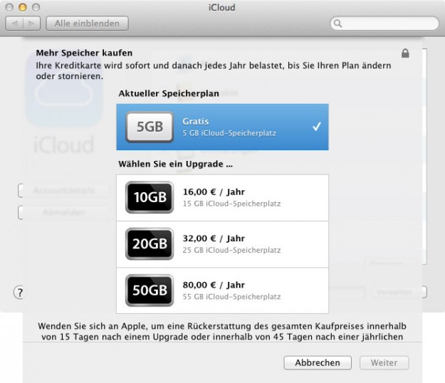 iCloud Upgrade-Möglichkeiten (Screenshot)