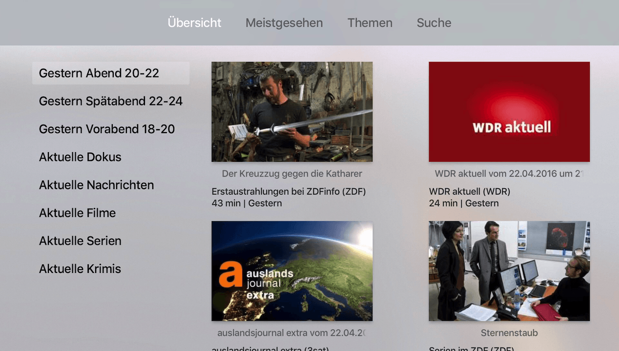 Mediathekensuche - Mediatheken von ARD, ZDF und Arte auf dem Apple 4