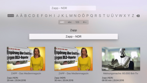 Suche in der App Mediathekensuche auf Apple TV 4