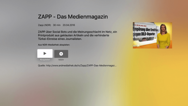 Sendungsansicht in der App Mediathekensuche auf Apple TV 4