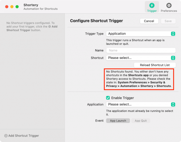 Fenster der App Shortery mit der Fehlermeldung: No Shortcuts found. You either don't have any shortcuts in the Shortcuts app or you denied Shortery access to Shortcuts. Please check the state in: System Preferences > Security & Privacy > Automation > Shortery > Shortcuts.
