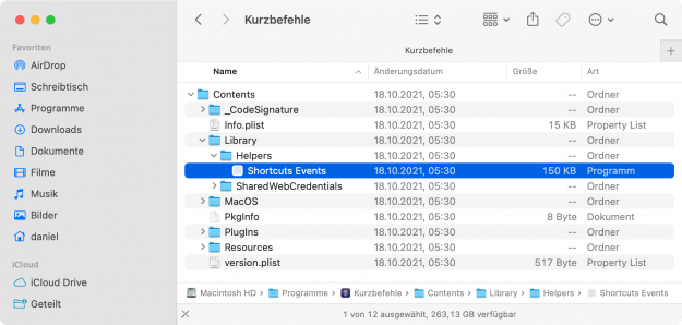 Finder-Fenster von macOS mit dem Dateipfad: Programme, Kurzbefehle, Contents, Library, Helpers, Shortcuts Events